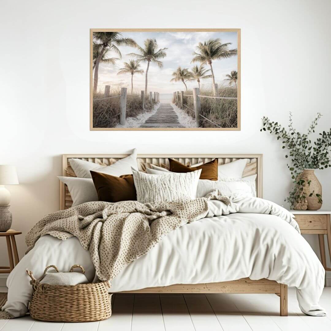 A wall art photo print of a pathway to a beach on the keys florida with palm trees with a timber frame to decorate your bedroom by Beautiful Home Decor