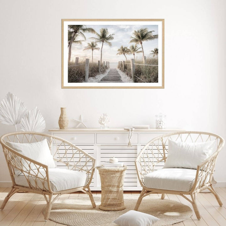 A coastal wall art photo print of a pathway to a beach on the keys Florida with palm trees with a timber frame or unframed to decorate walls in living room
