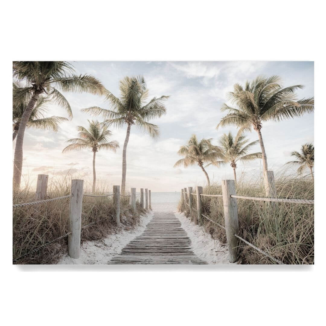 A coastal wall art photo print of a pathway to a beach on the keys Florida with palm trees unframed, printed edge to edge without a white border