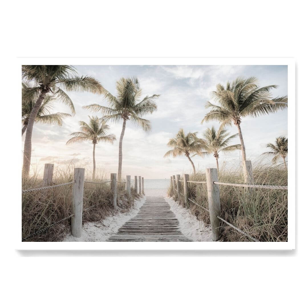 A coastal wall art photo print of a pathway to a beach on the keys Florida with palm trees unframed with a white border by Beautiful Home Decor