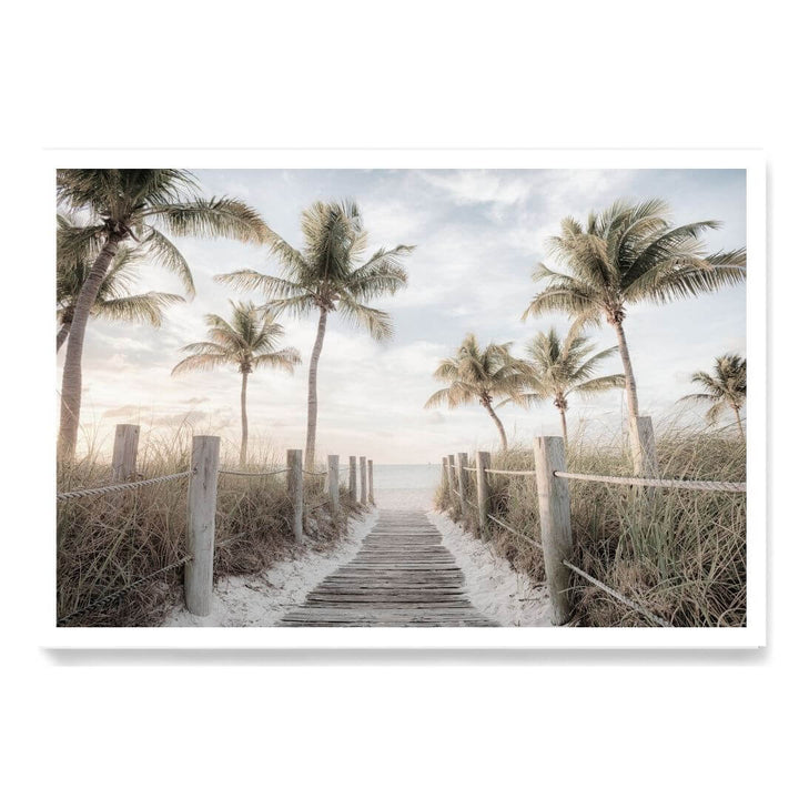 A coastal wall art photo print of a pathway to a beach on the keys Florida with palm trees unframed with a white border by Beautiful Home Decor