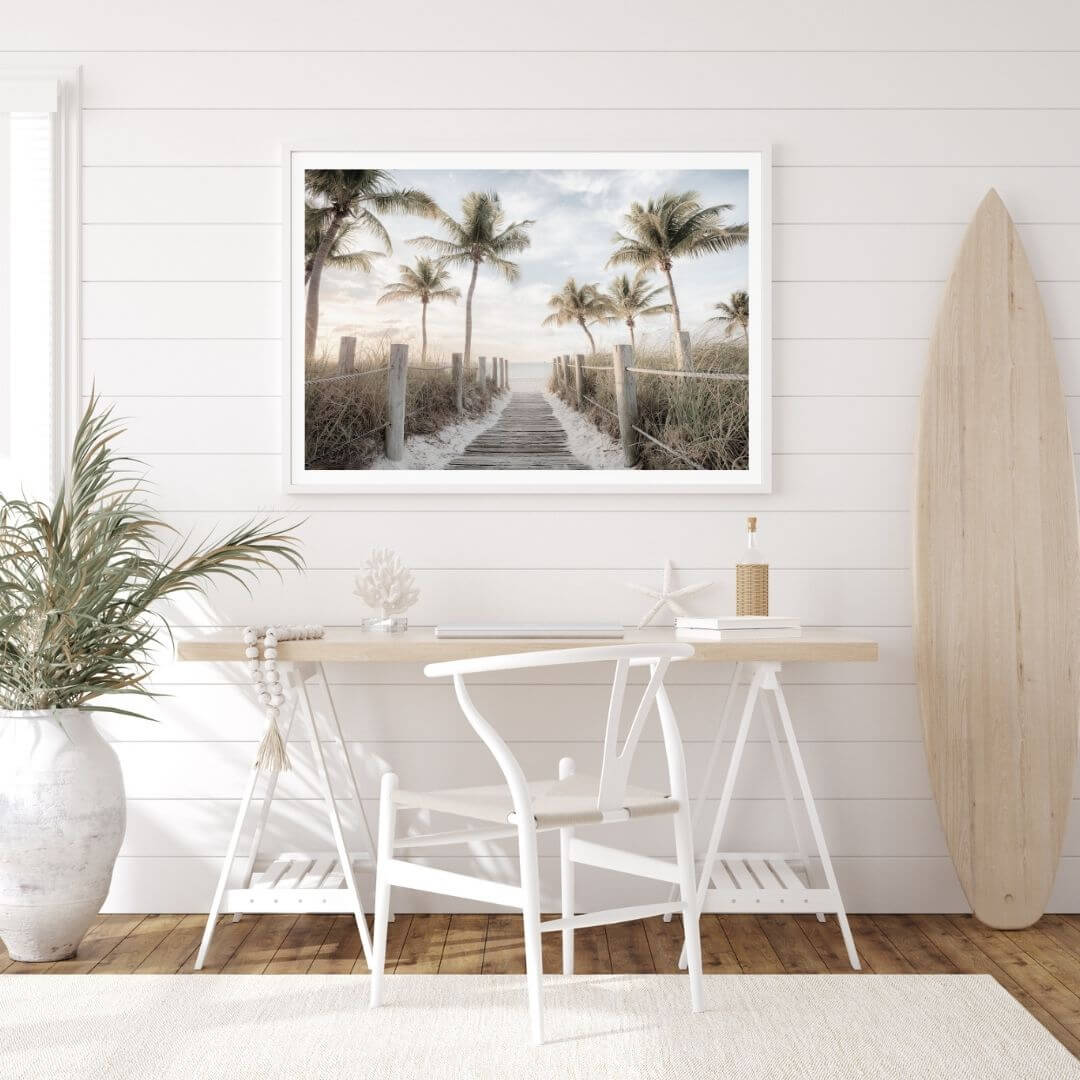 A coastal wall art photo print of a pathway to a beach on the keys Florida with palm trees with a white frame or unframed for the wall in a kids or teens coastal room