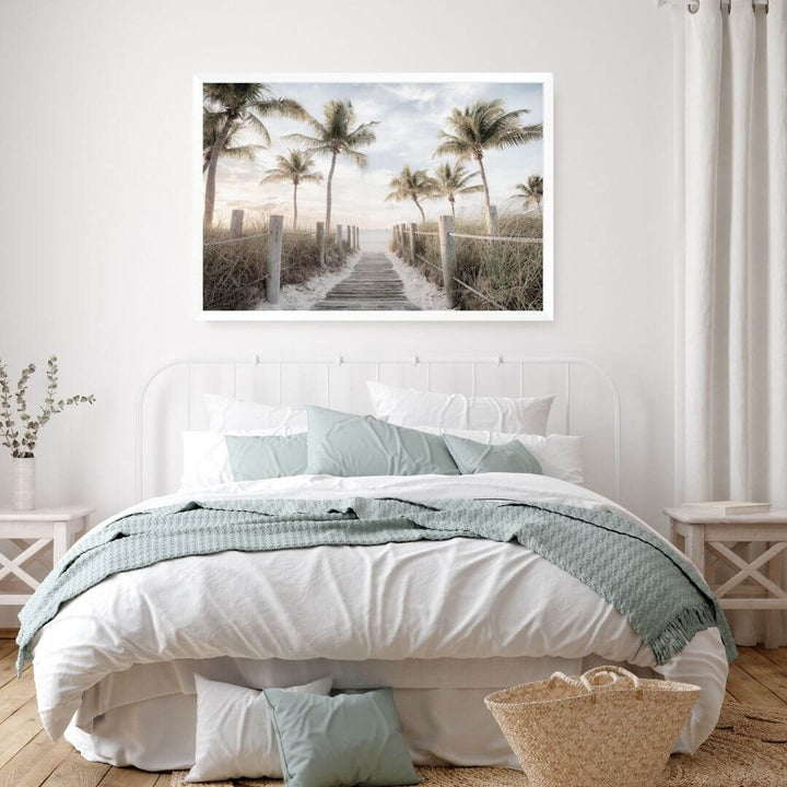 A coastal wall art photo print of a pathway to a beach on the keys Florida with palm trees with a white frame or unframed for your bedroom walls