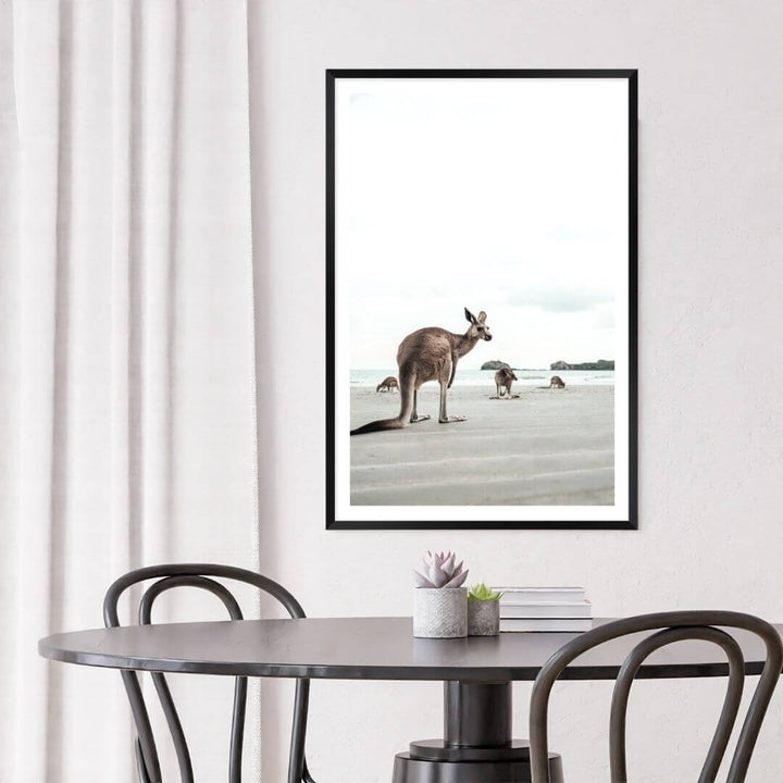 A wall art photo print of beach side kangaroos with a black frame or unframed to style your dining room walls