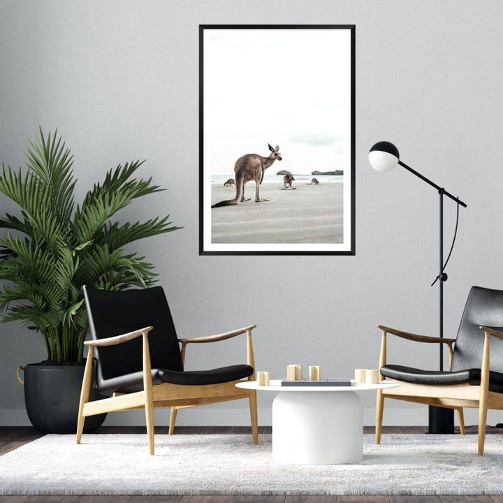 A coastal wall art photo print of beach side kangaroos with a black frame or unframed for you living room decor