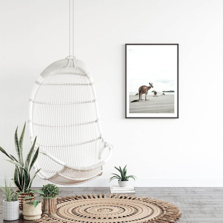A wall art photo print of beach side kangaroos with a black frame or unframed for the wall in living room