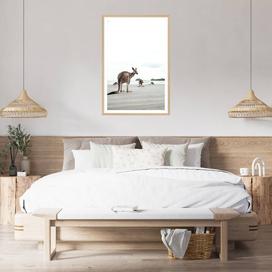 A wall art photo print of beach side kangaroos with a timber frame to decorate your bedroom by Beautiful HomeDecor