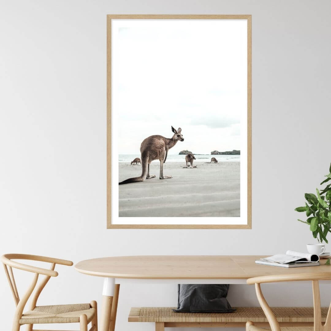 A coastal wall art photo print of beach side kangaroos with a timber frame or unframed to decorate your dining room
