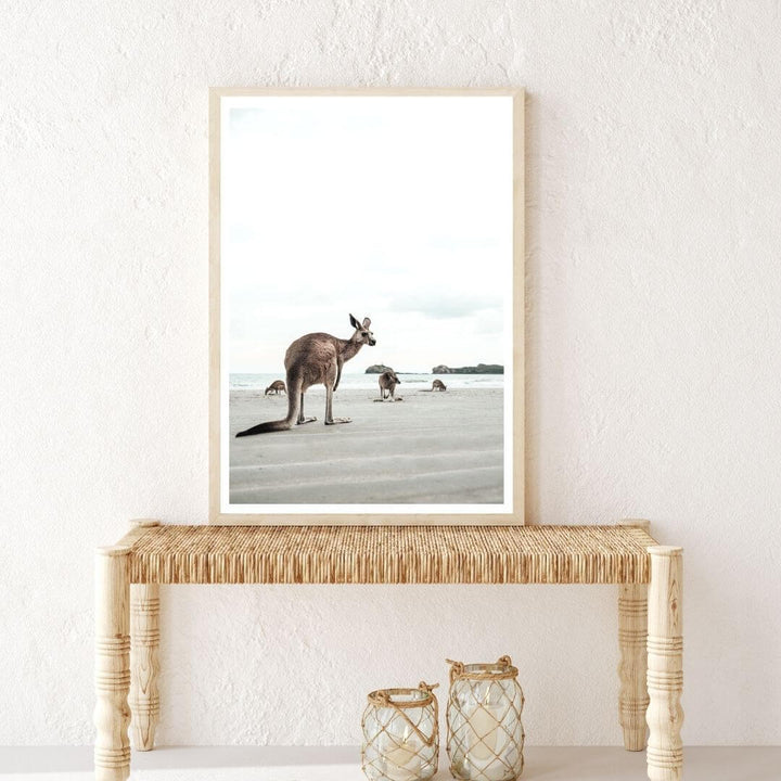 A coastal wall art photo print of beach side kangaroos with a timber frame in hallway shop online at Beautiful Home Decor with free shipping