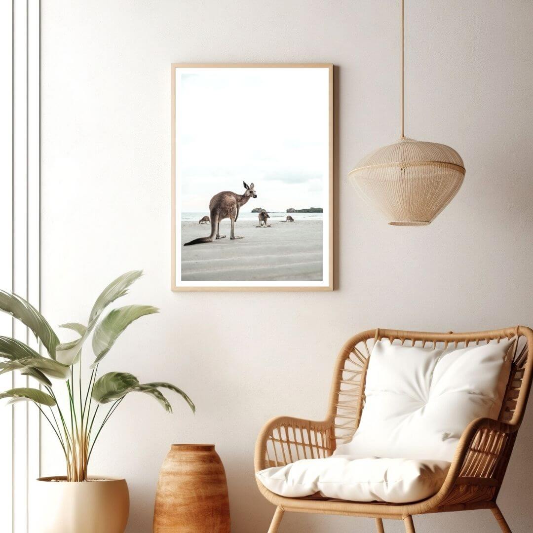 A coastal wall art photo print of beach side kangaroos with a timber frame for the living room by Beautiful Home Decor