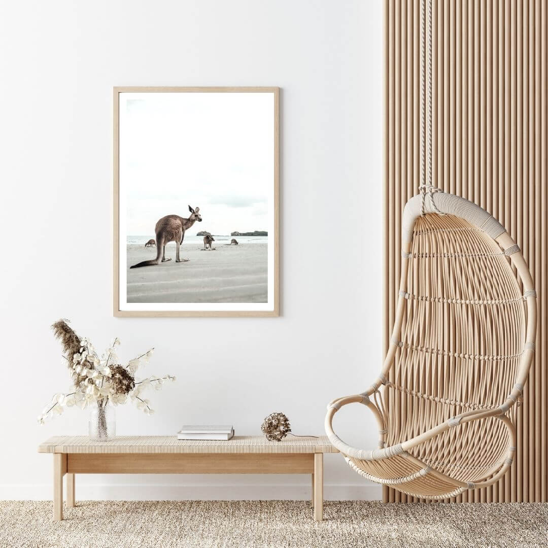 A wall art photo print of beach side kangaroos with a timber frame or unframed for your hallway empty walls