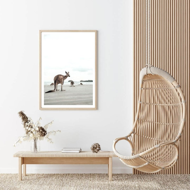 A wall art photo print of beach side kangaroos with a timber frame or unframed for your hallway empty walls