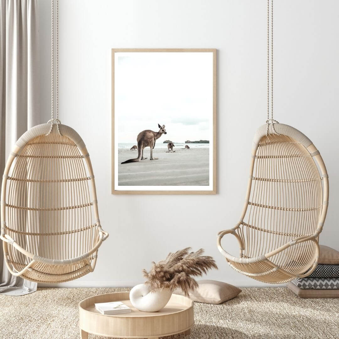 A coastal wall art photo print of beach side kangaroos with a timber frame for the bedroom wall with free shipping