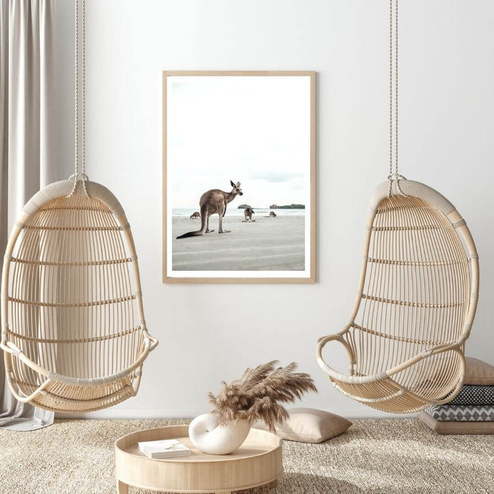 A coastal wall art photo print of beach side kangaroos with a timber frame for the bedroom wall with free shipping