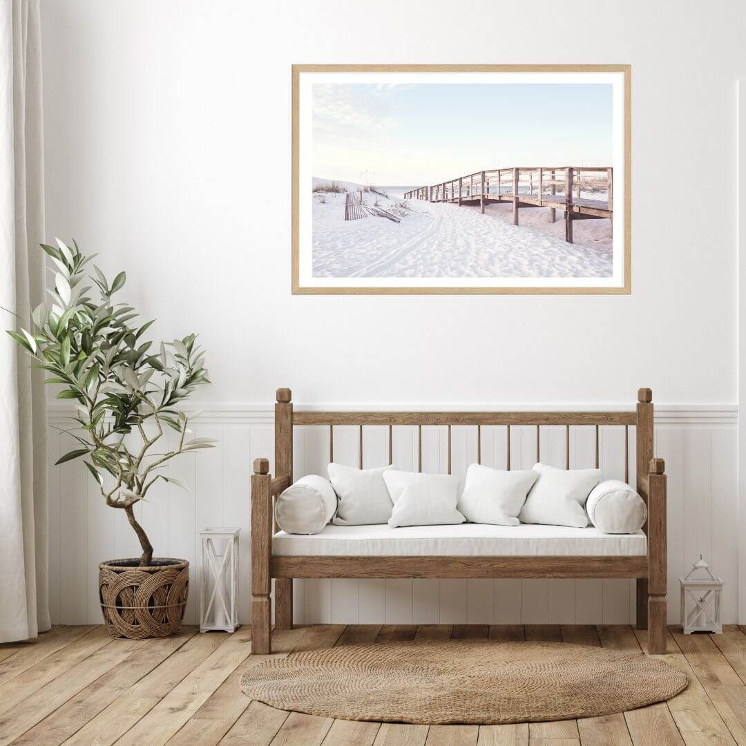 A coastal wall art photo print of a beachside boardwalk with a timber frame or unframed for your hallway empty walls
