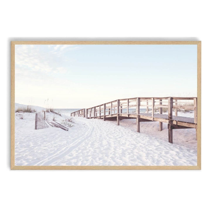 A coastal wall art photo print of a beachside boardwalk with a timber frame, no white border at Beautiful Home Decor