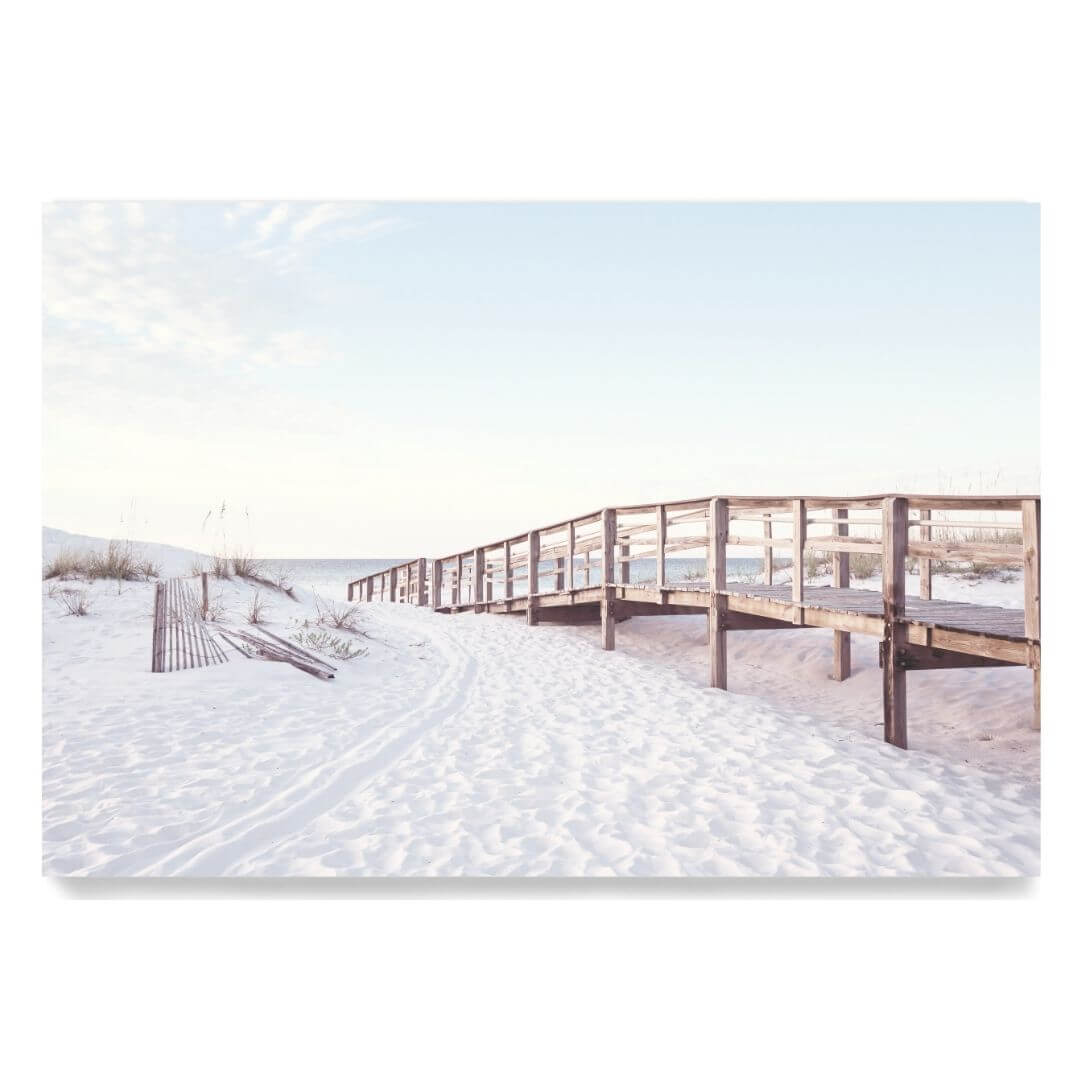 A coastal wall art photo print of a beachside boardwalk unframed, printed edge to edge without a white border