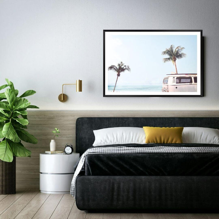 A wall art photo print of a blue beachside kombi van with a black frame or unframed to decorate a wall in your bedroom
