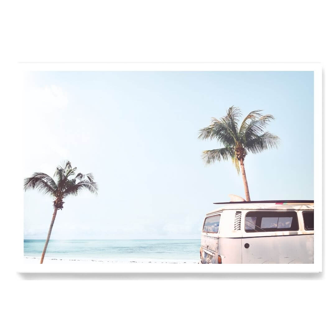 A coastal wall art photo print of a beige beachside kombi van unframed with a white border by Beautiful Home Decor