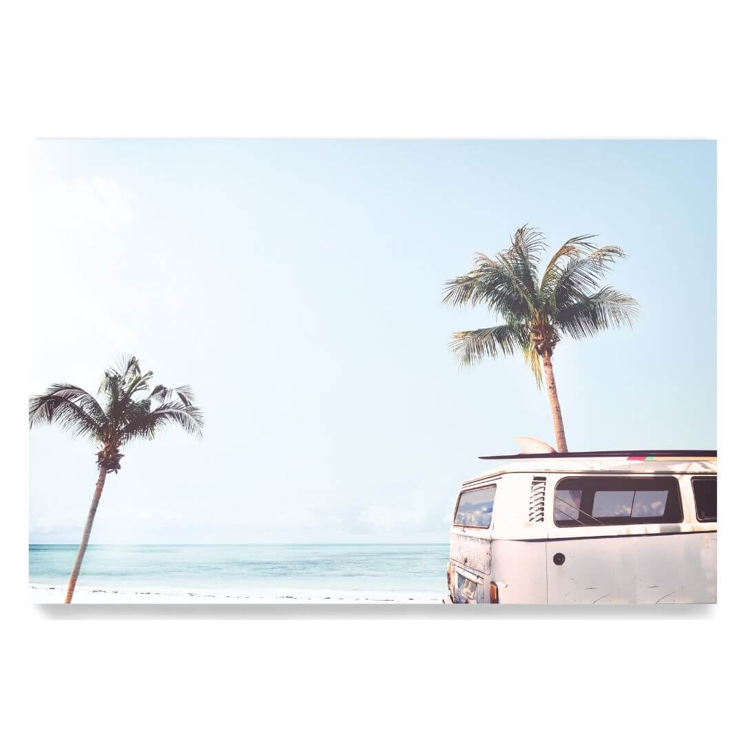 A coastal wall art photo print of a blue beachside kombi van unframed, printed edge to edge without a white border