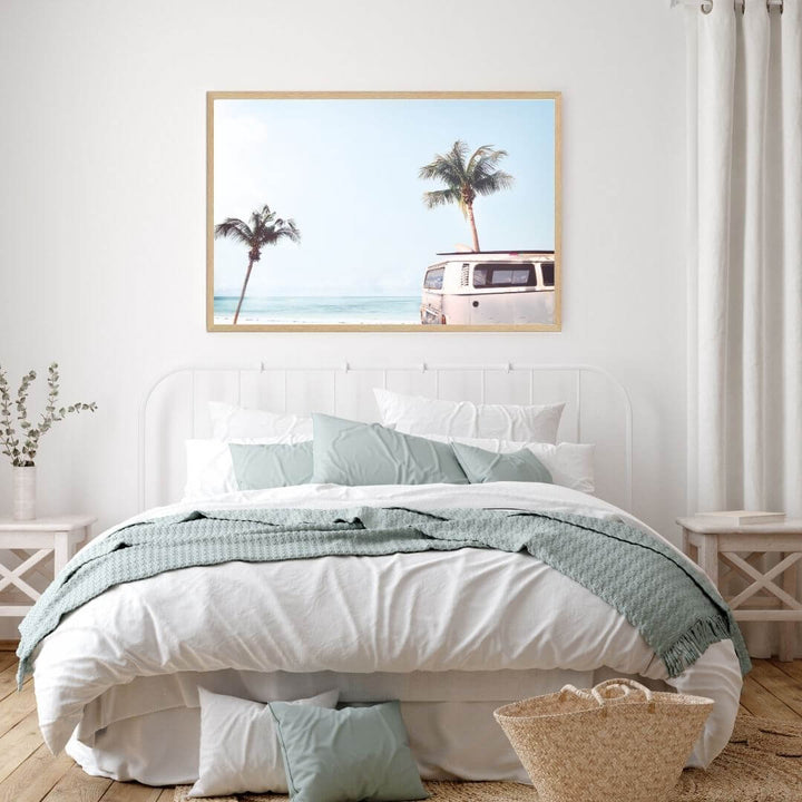 A coastal wall art photo print of a beige beachside kombi van with a timber frame or unframed for your bedroom empty walls