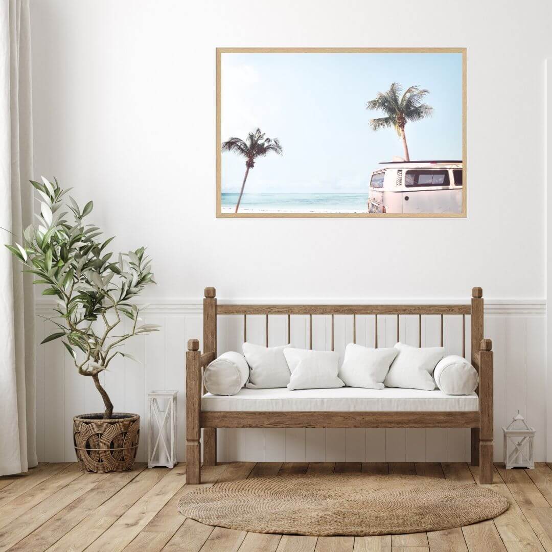 A coastal wall art photo print of a beige beachside kombi van with a timber frame in hallway shop online at Beautiful Home Decor with free shipping