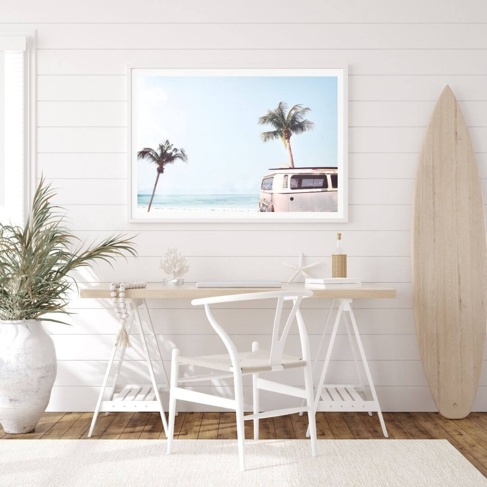 A coastal wall art photo print of a beige beachside kombi van with a white frame or unframed for the wall in an office study kids room