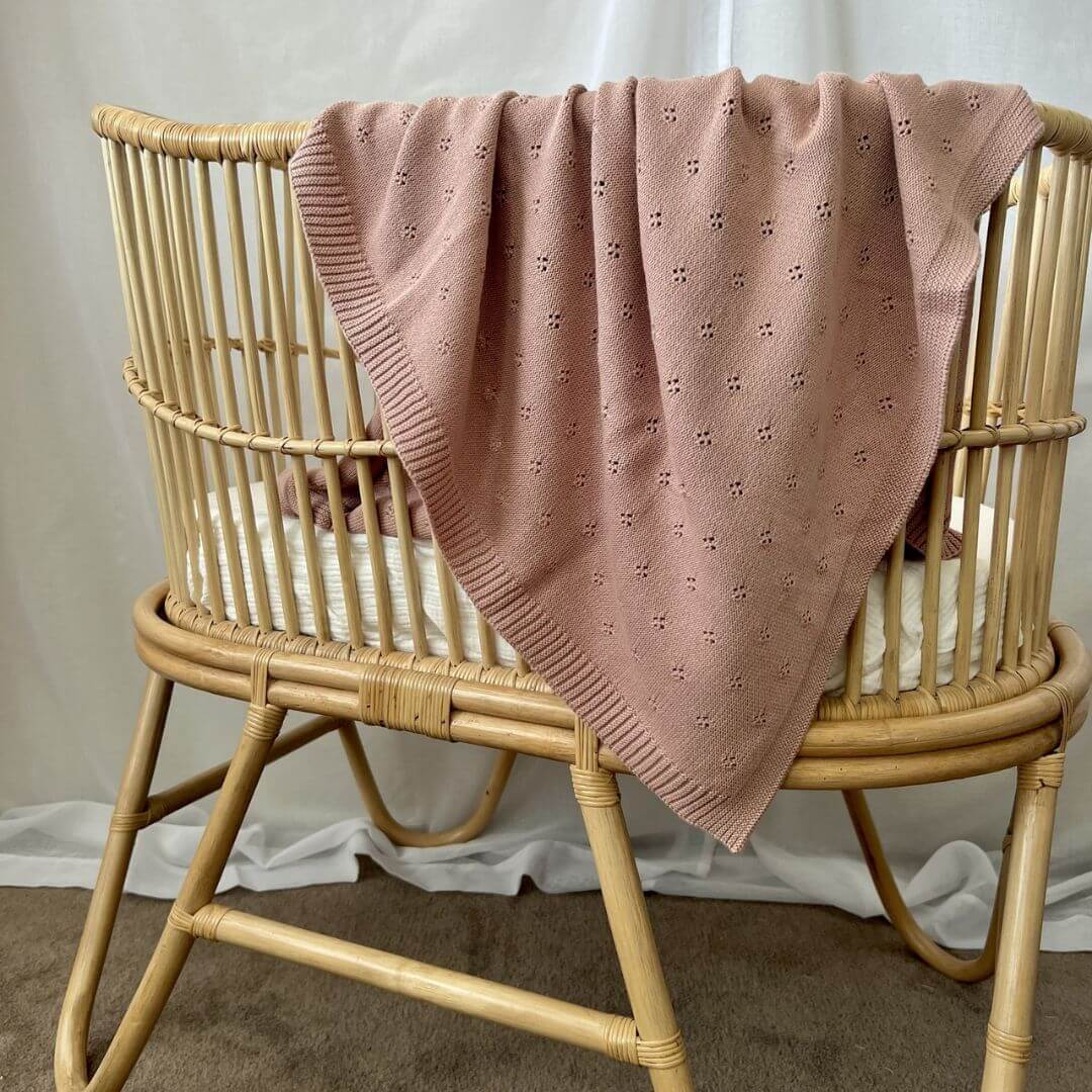Perfect for the baby nursery is this lusciously soft Mini and Me Heirloom Knitted Baby Blanket in beautiful Enokia Brown
