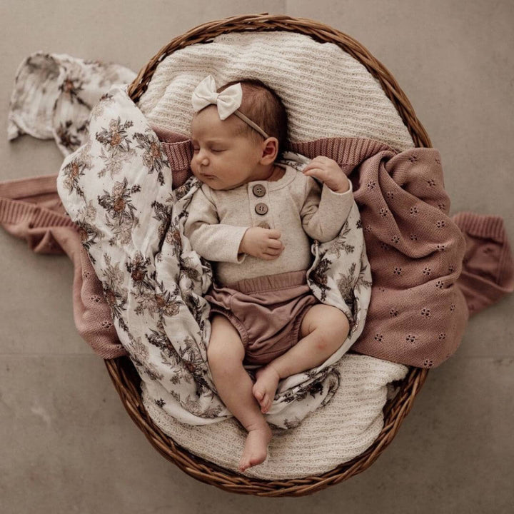 Perfect Baby Christmas gift idea or baby shower idea is a soft Mini and Me Heirloom Knitted Baby Blanket in beautiful Enokia Brown.