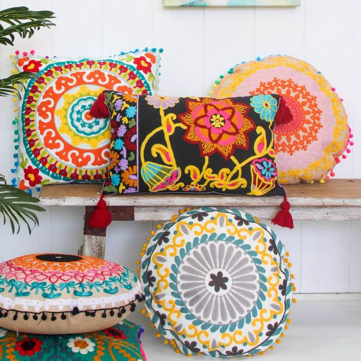 A bright Boho Embroidered Floral Cushion to style your Boho Moroccan Middle Eastern styled home.
