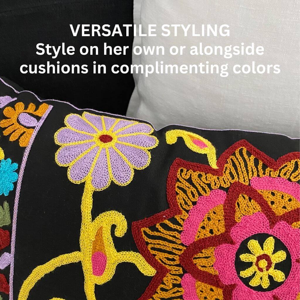 Add style to your bedroom or living room with the colourful Boho Embroidered Floral Cushion