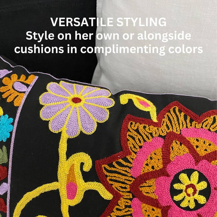 Add style to your bedroom or living room with the colourful Boho Embroidered Floral Cushion