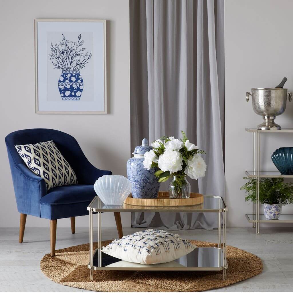 The dark Hamptons Blue and White Cushion with a geometric shape perfect to style your Hamptons Coastal Home sofa or bedroom