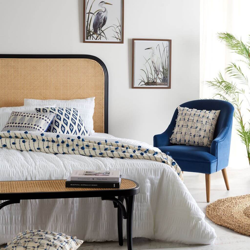 A Hamptons Blue and White Cushion with a geometric shape perfect to decorate  your Hamptons Coastal Home sofa or bedroom