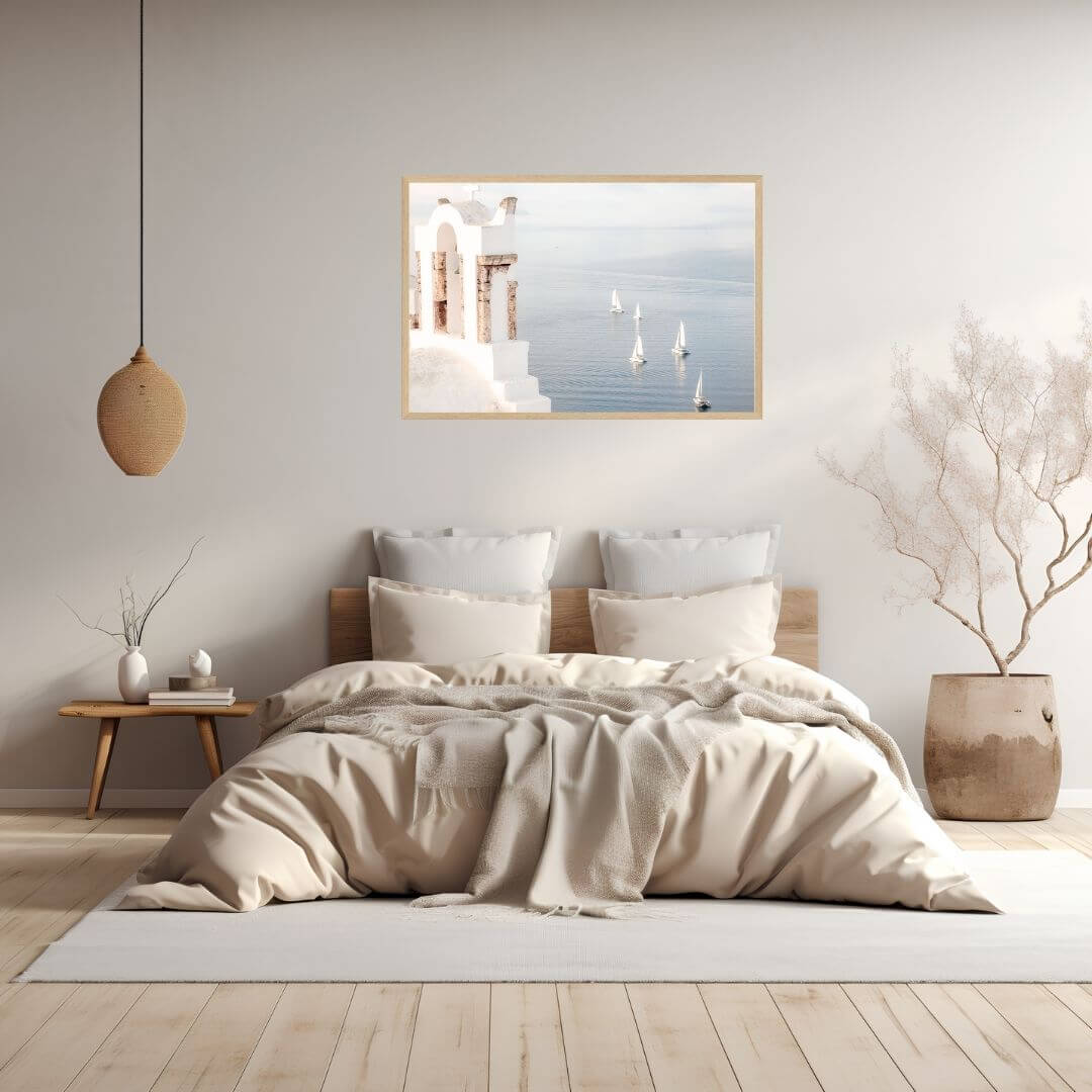A wall art photo print of Boats sailing on the sea in Santorini Greece  with a timber frame to decorate your bedroom walls