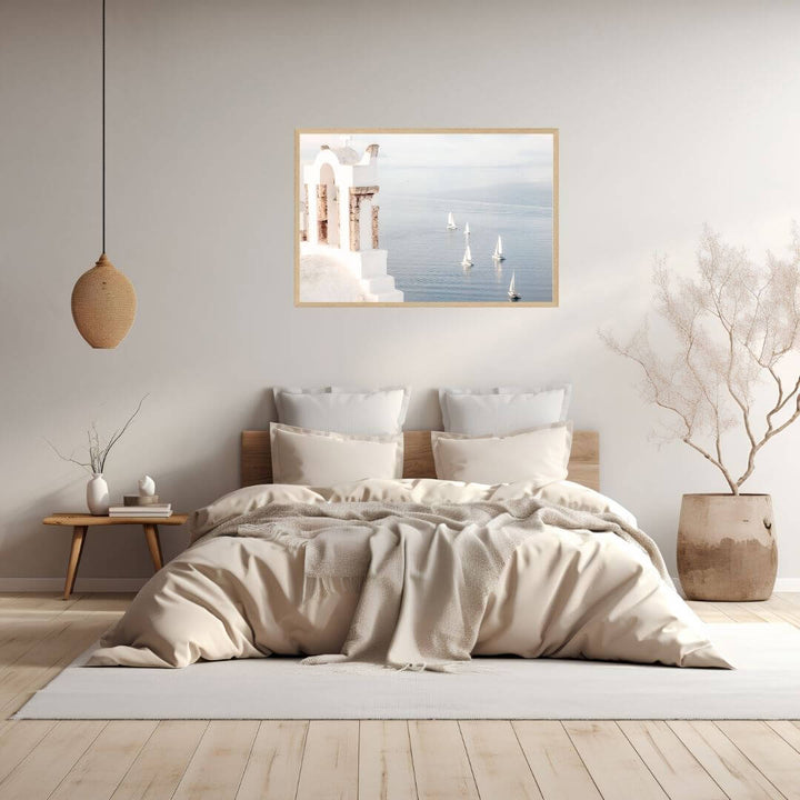 A wall art photo print of Boats sailing on the sea in Santorini Greece  with a timber frame to decorate your bedroom walls