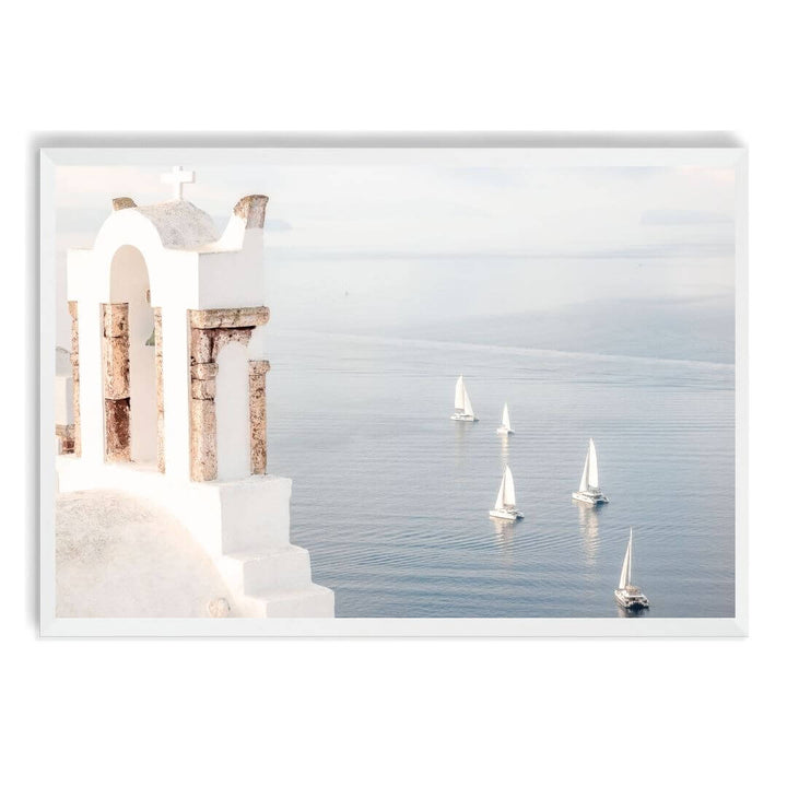 A wall art photo print of Boats sailing on the sea in Santorini Greece  with a white frame, no white border at Beautiful HomeDecor