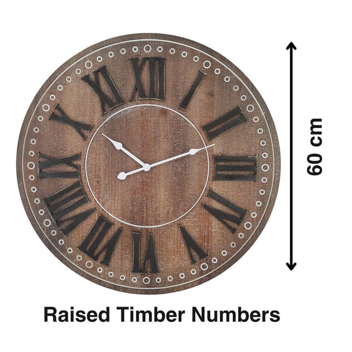 60cm Brown Rustic Wall Clock featuring a warm brown face, Roman numerals, and soft white edge.