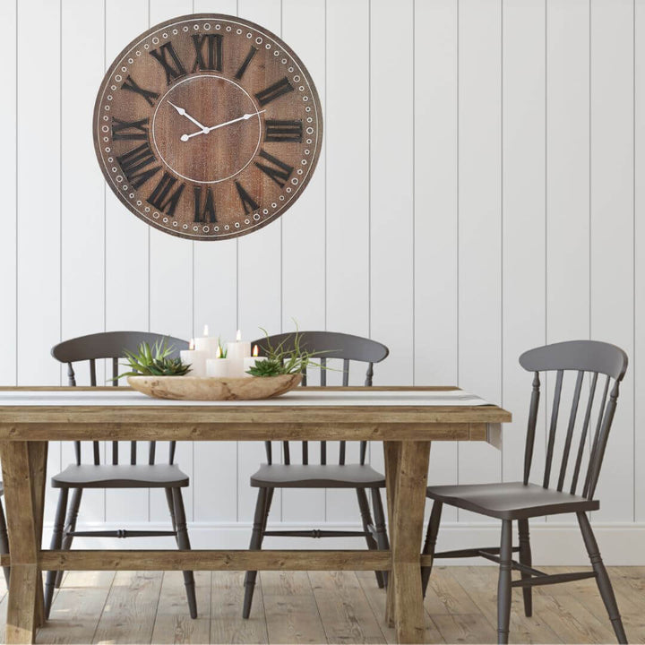 60cm Brown Rustic Wall Clock with distressed finish, white clock hands, and black vintage numbers.