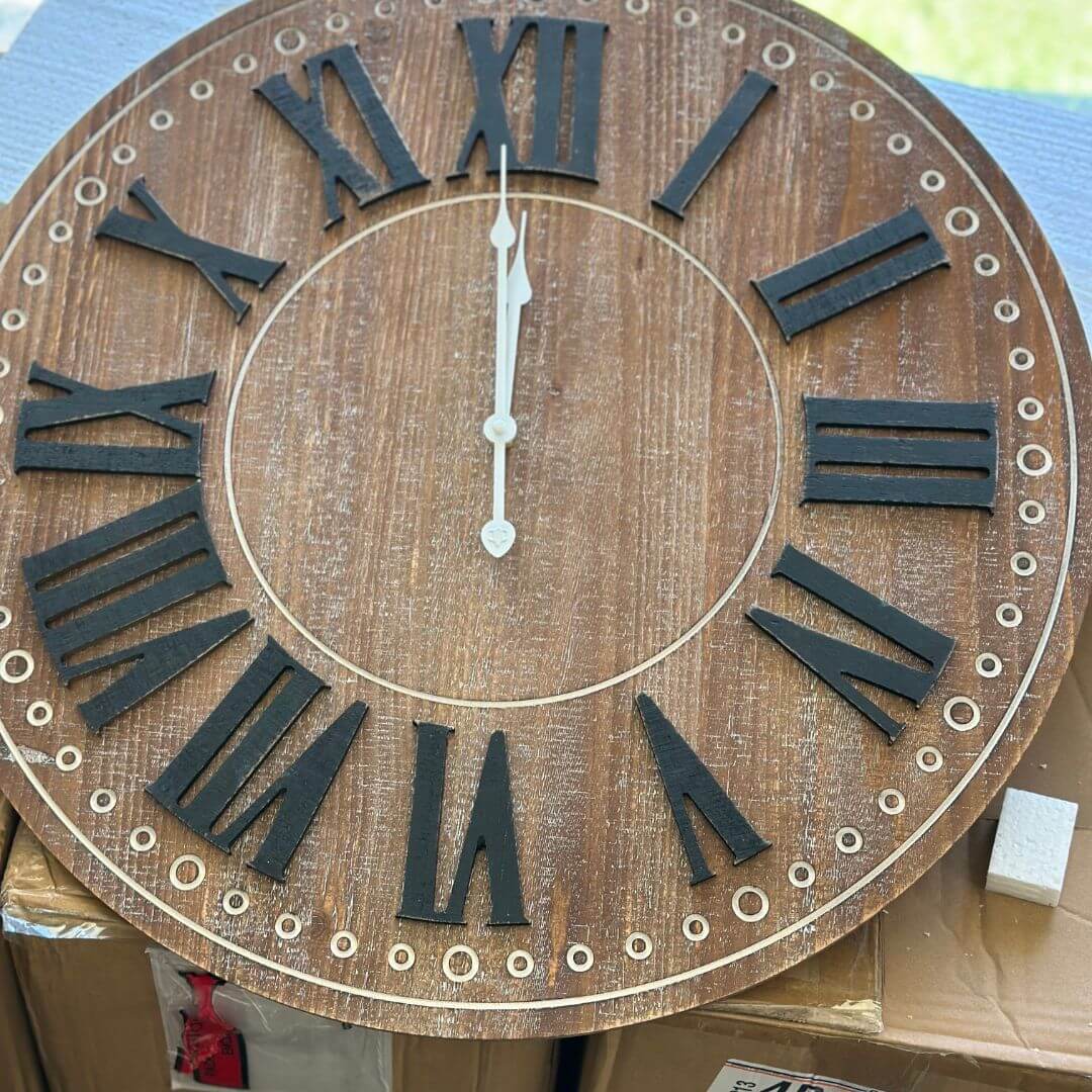 Close-up of the 60cm Brown Rustic Wall Clock with white hands, black numbers, and rustic vintage tones