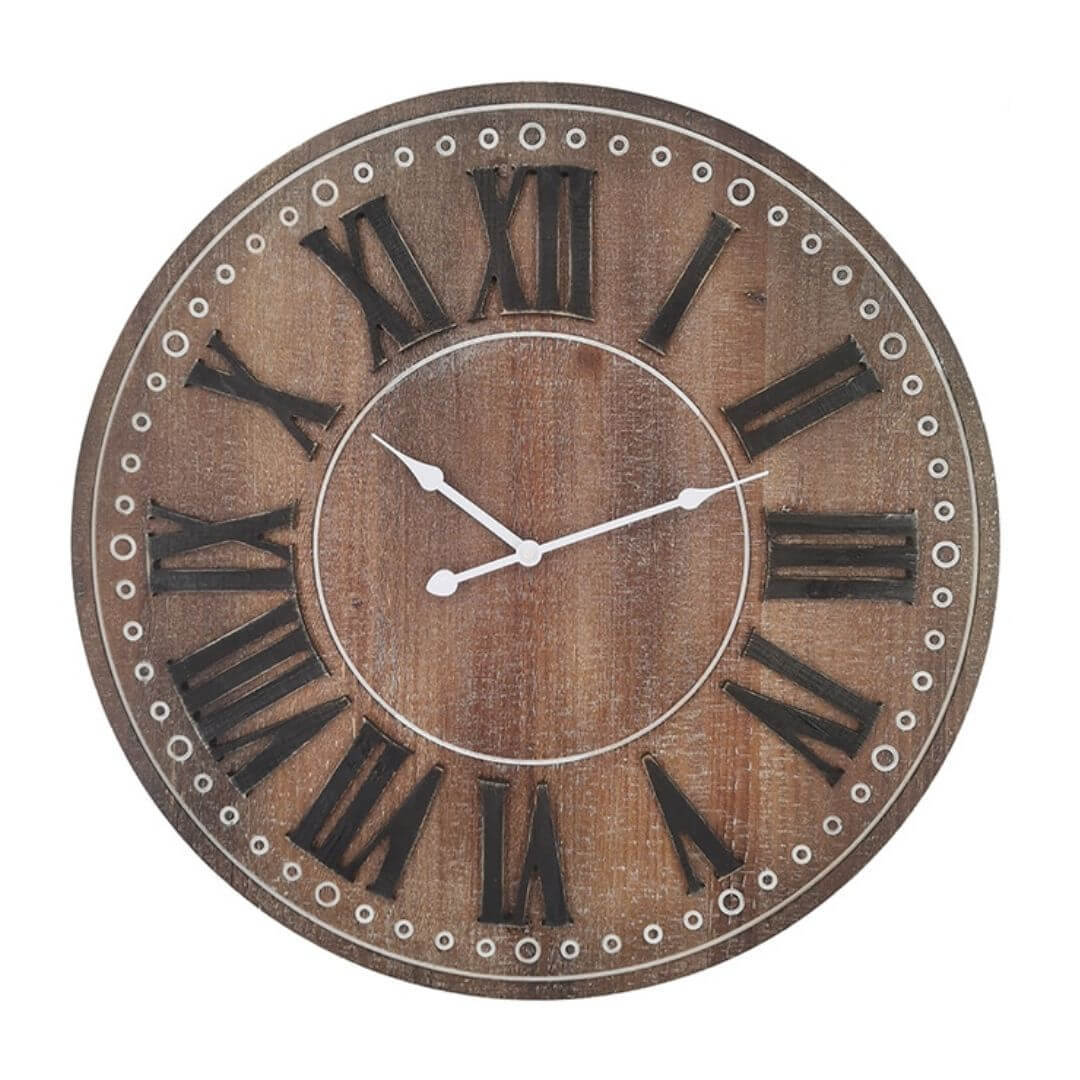 60cm Brown Rustic Wall Clock with black Roman numerals, white hands, and a soft white border.