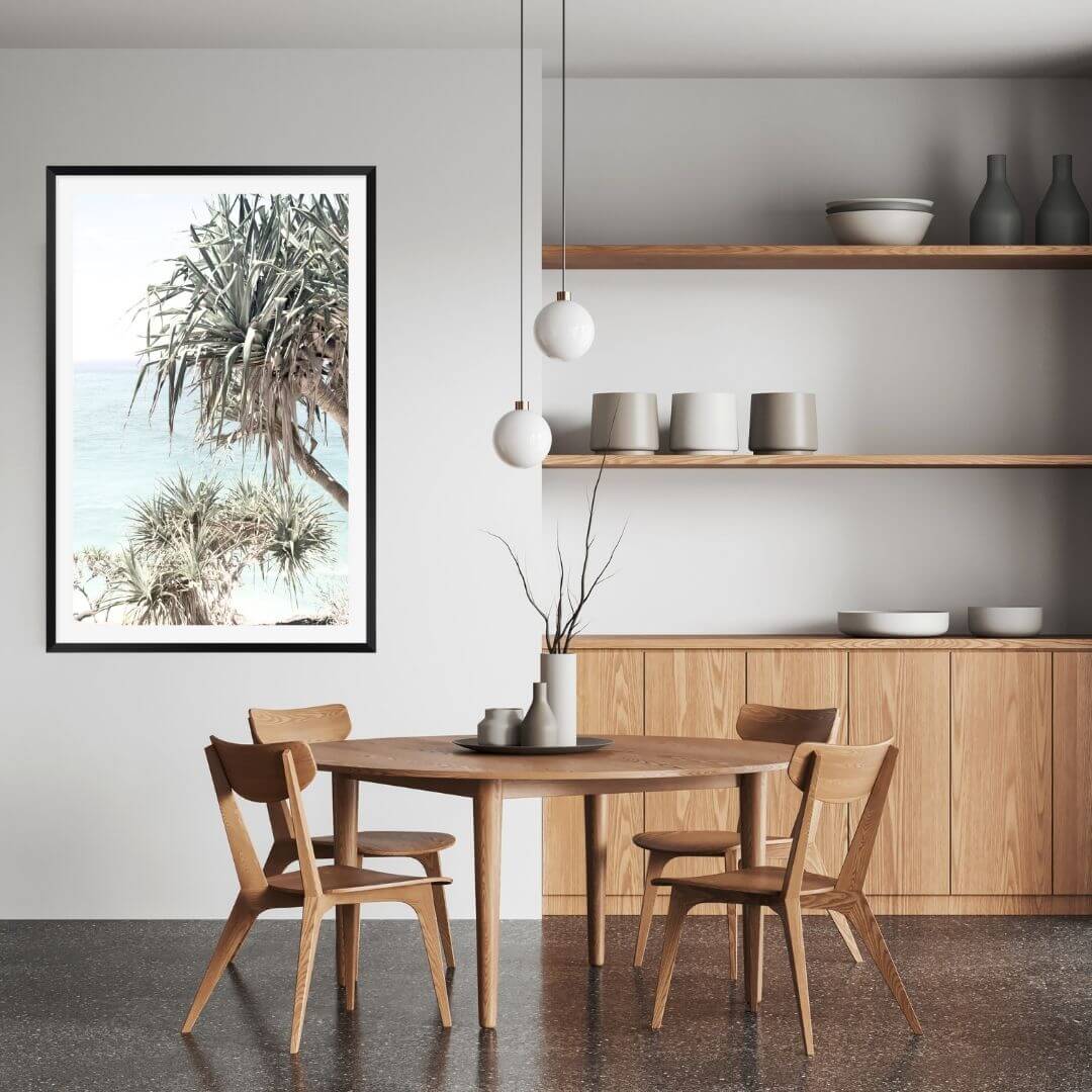 A wall art photo print of the Byron Bay Beach Sea View with a black framed or unframed to decorate your dining room
