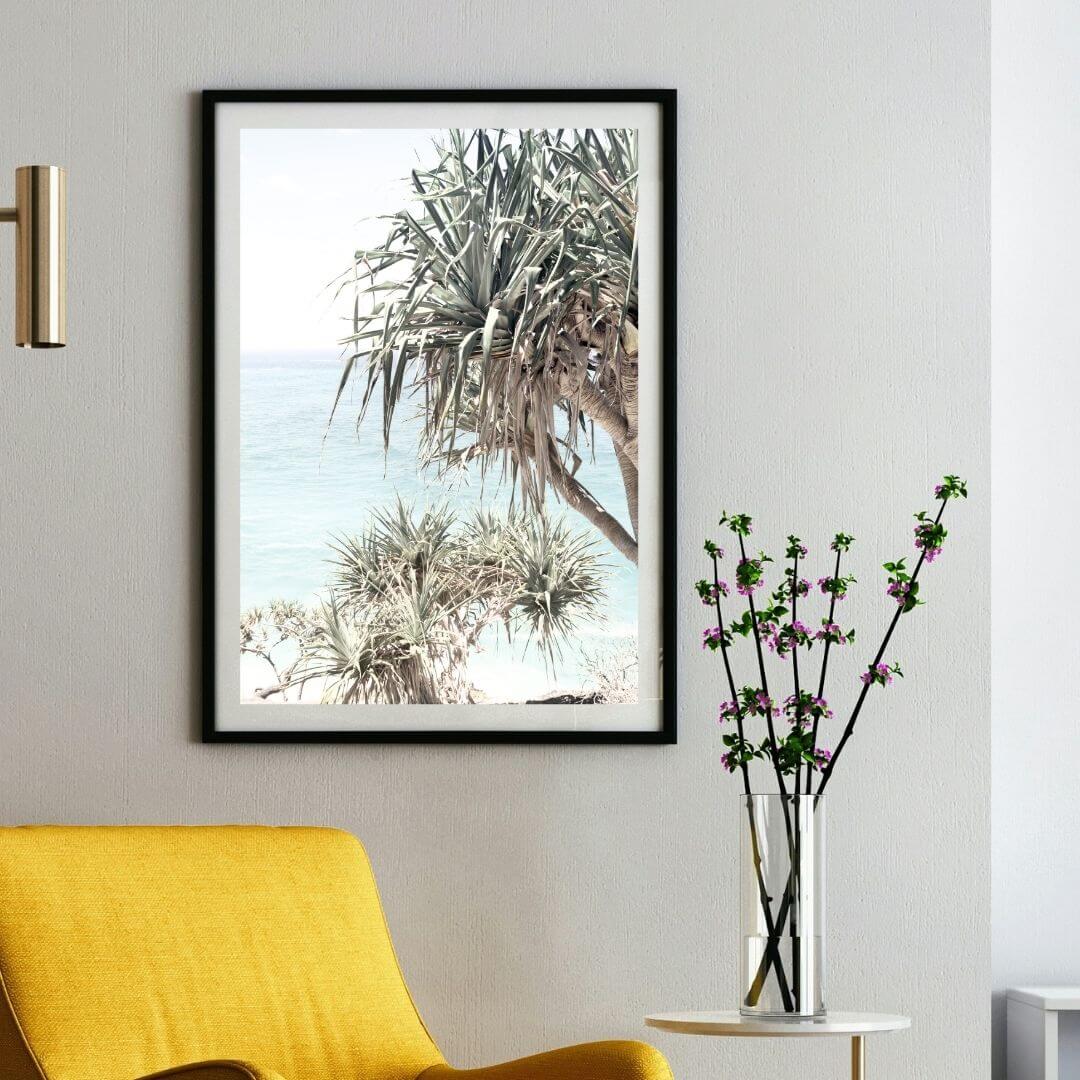 A wall art photo print of the Byron Bay Beach Sea View with a black frame or unframed for your study office walls