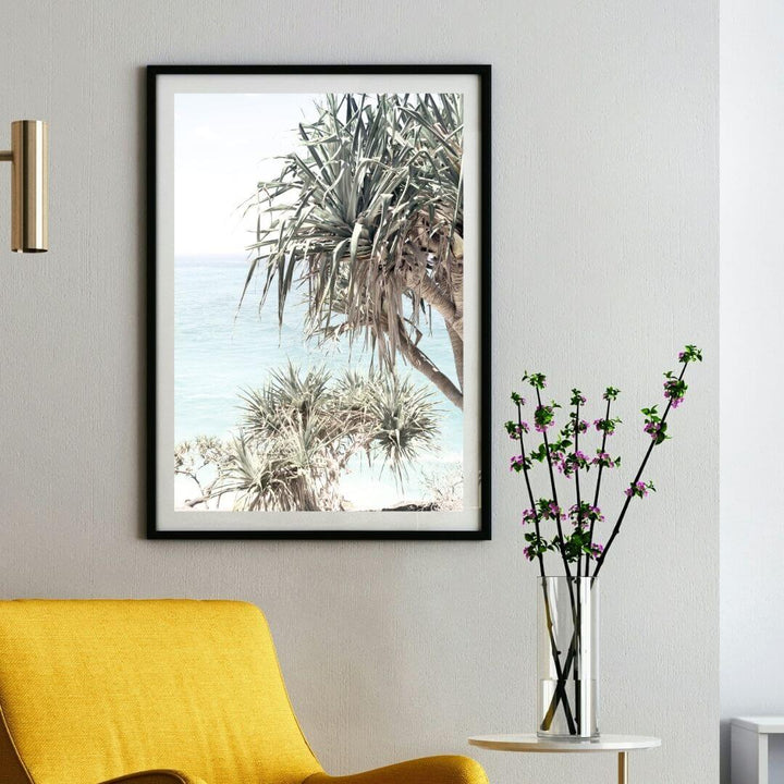 A wall art photo print of the Byron Bay Beach Sea View with a black frame or unframed for your study office walls