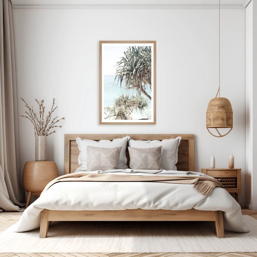 A wall art photo print of the Byron Bay Beach Sea View with a timber frame to decorate your bedroom by Beautiful HomeDecor