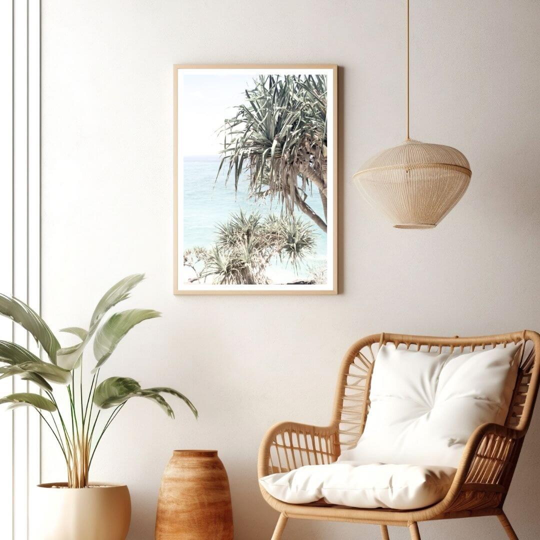 A coastal wall art photo print of the Byron Bay Beach Sea View with Pandanus Palms with a timber frame or unframed for your living room empty walls