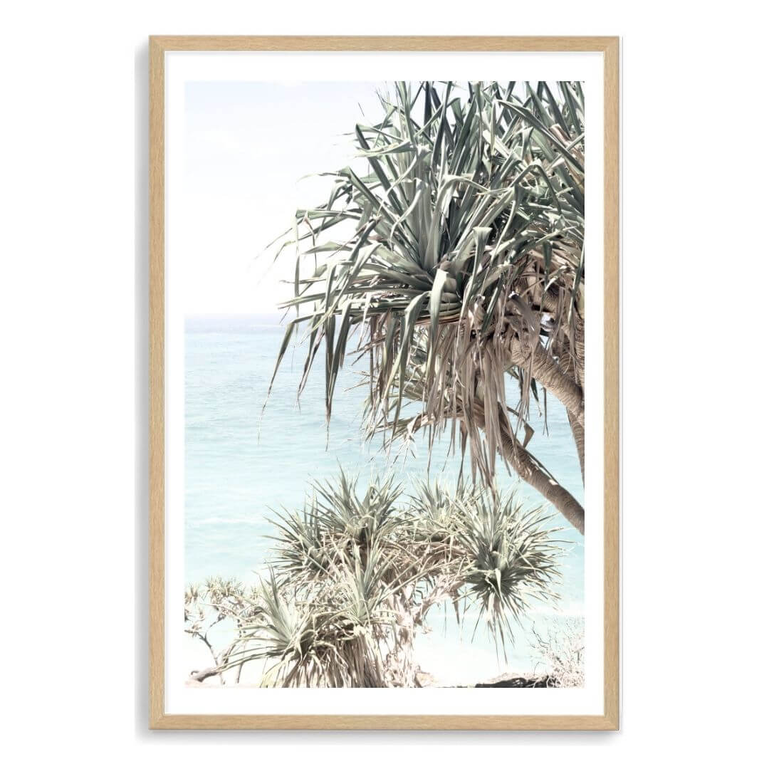 A wall art photo print of the Byron Bay Beach Sea View with a timber frame, white border by Beautiful Home Decor