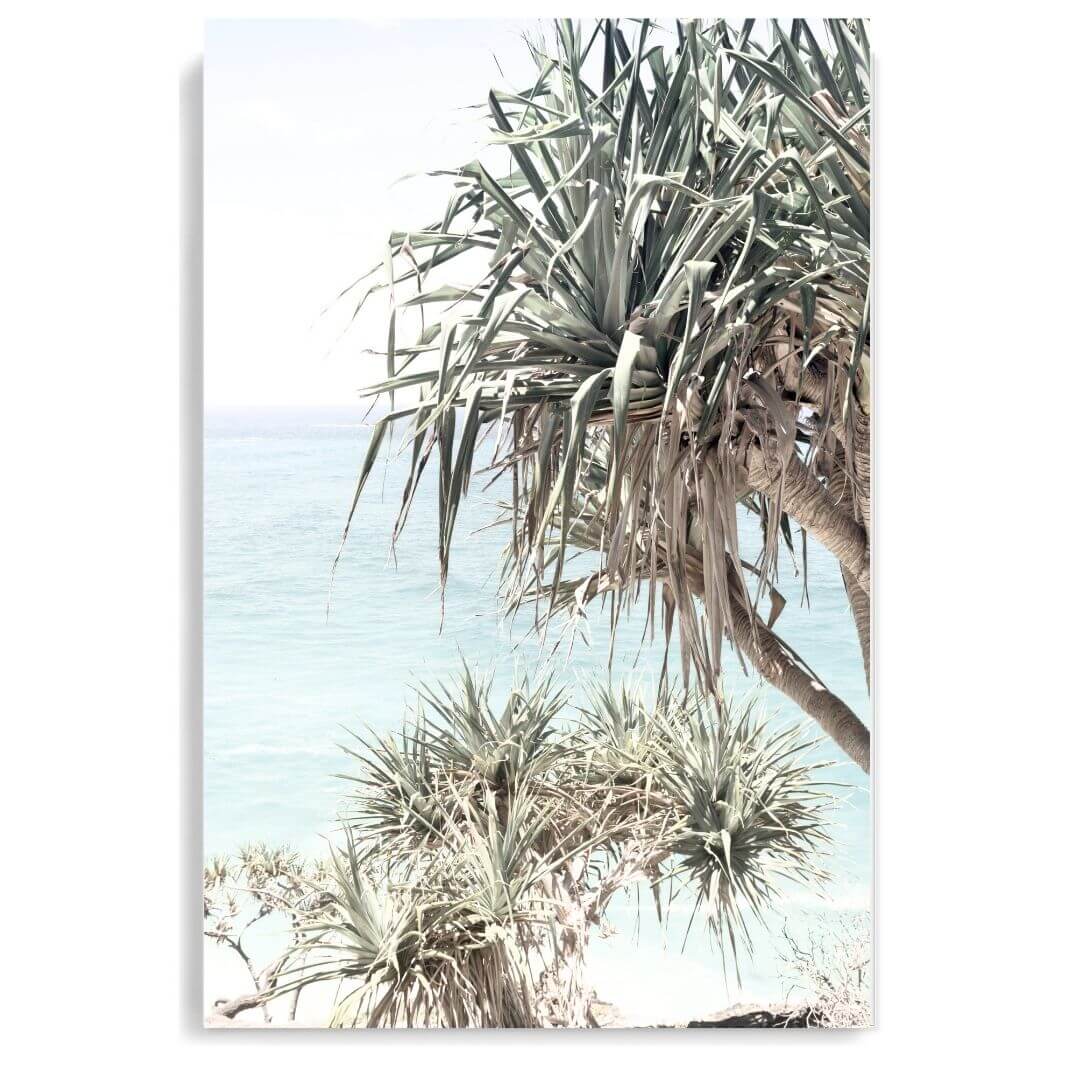 A coastal wall art photo print of the Byron Bay Beach Sea View with Pandanus Palms unframed, printed edge to edge without a white border