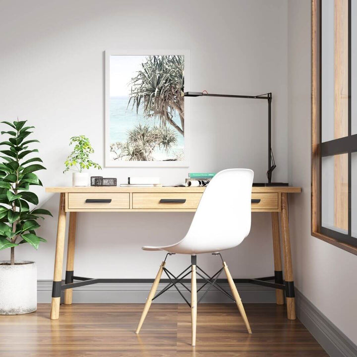 A coastal wall art photo print of the Byron Bay Beach Sea View with Pandanus Palms with a white frame or unframed for the wall in your kids bedroom