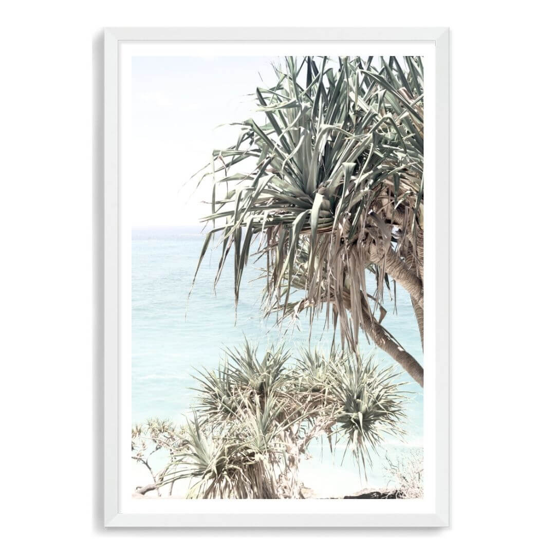 A wall art photo print of the Byron Bay Beach Sea View with a white frame, white border by Beautiful Home Decor